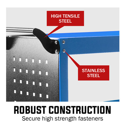 Bullet 3-Tier Steel Tool Trolley Cart, for Workshop, Mechanic, with Pegboard, Screwdriver Bay, Blue 3