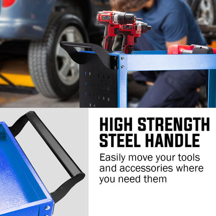 Bullet 3-Tier Steel Tool Trolley Cart, for Workshop, Mechanic, with Pegboard, Screwdriver Bay, Blue 7