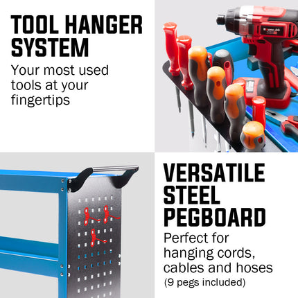 Bullet 3-Tier Steel Tool Trolley Cart, for Workshop, Mechanic, with Pegboard, Screwdriver Bay, Blue 8
