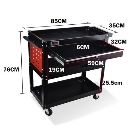 Bullet 3-Tier Steel Tool Trolley Cart, for Workshop, Mechanic, with Drawer, Pegboard, Screwdriver Bay, Black/Red 2