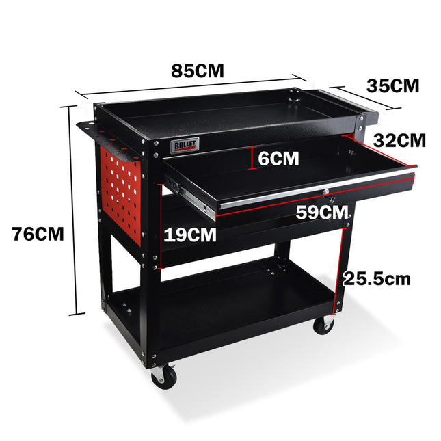 Bullet 3-Tier Steel Tool Trolley Cart, for Workshop, Mechanic, with Drawer, Pegboard, Screwdriver Bay, Black/Red 2