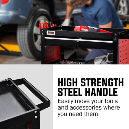Bullet 3-Tier Steel Tool Trolley Cart, for Workshop, Mechanic, with Drawer, Pegboard, Screwdriver Bay, Black/Red 8