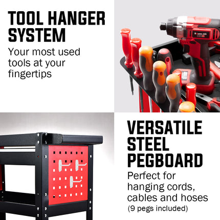 Bullet 3-Tier Steel Tool Trolley Cart, for Workshop, Mechanic, with Drawer, Pegboard, Screwdriver Bay, Black/Red 9