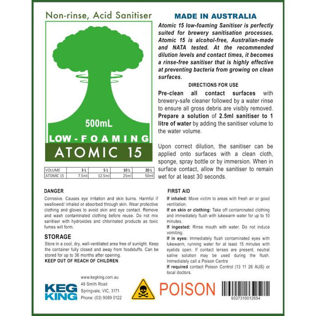 Atomic 15 - Low Foaming Sanitiser 500ml 2