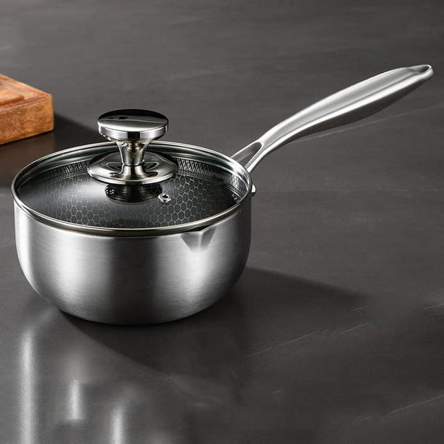 18cm 316L Stainless Steel Saucepan Compound Steel Honeycomb Nonstick Sauce Pan with Glass Lid 1.5L Pot Stay-Cool Handle Multipurpose Milk Saucepan, Induction Capable and Gas Stove 2