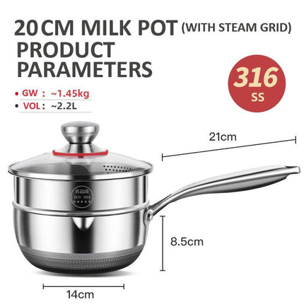 20cm 316L Stainless Steel Saucepan Compound Steel Honeycomb Nonstick Sauce Pan with Glass Lid 2.2L Pot Stay-Cool Handle Multipurpose Milk Saucepan, Induction Capable and Gas Stove 4