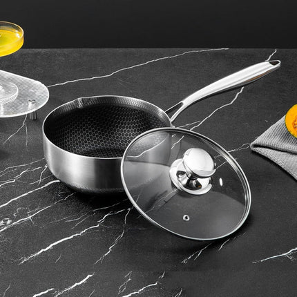 24cm 316L Stainless Steel Saucepan Compound Steel Honeycomb Nonstick Sauce Pan with Glass Lid 3.2L Pot Stay-Cool Handle Multipurpose Milk Saucepan, Induction Capable and Gas Stove 3