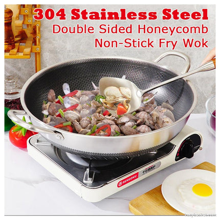 36cm 316 Stainless Steel Non-Stick Stir Fry Cooking Kitchen Wok Pan with Lid Honeycomb Double Sided