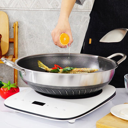 316 Stainless Steel 38cm Double Ear Non-Stick Stir Fry Cooking Kitchen Wok Pan without Lid Honeycomb Double Sided No Lid 2