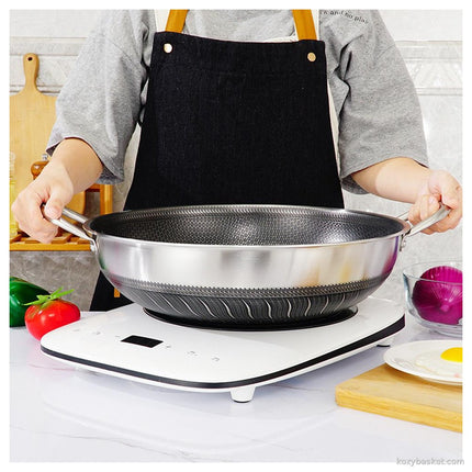 316 Stainless Steel 38cm Double Ear Non-Stick Stir Fry Cooking Kitchen Wok Pan without Lid Honeycomb Double Sided No Lid