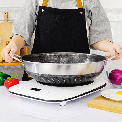 Double Ear 304 Stainless Steel 38cm Non-Stick Stir Fry Cooking Kitchen Wok Pan with Lid Honeycomb Double Sided 2