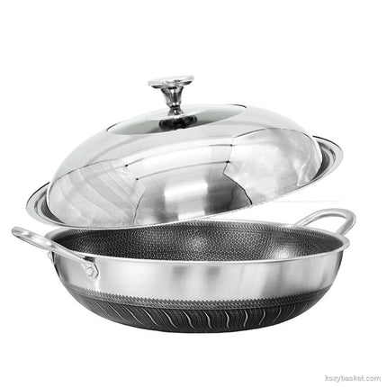 Double Ear 304 Stainless Steel 38cm Non-Stick Stir Fry Cooking Kitchen Wok Pan with Lid Honeycomb Double Sided