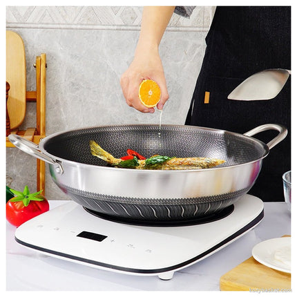 40cm Double Ear 316 Stainless Steel Non-Stick Stir Fry Cooking Kitchen Wok Pan with Lid Honeycomb Double Sided