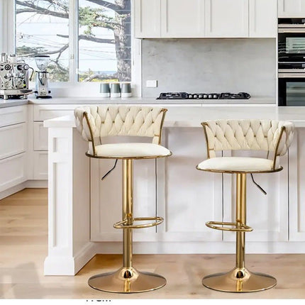2x Height Adjustable Swivel Bar Stool Velvet Golden Base Barstools Chairs Padded Seat- Beige 2