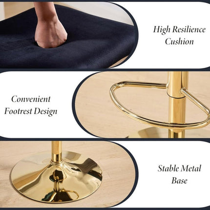 SERENITà  2x Velvet Bar Stools with Braided Back Elegant Kitchen High Chairs, Kitchen Island Stools Adjustable Height Swivel Bar Chairs with Gold Legs for Home-Black 2