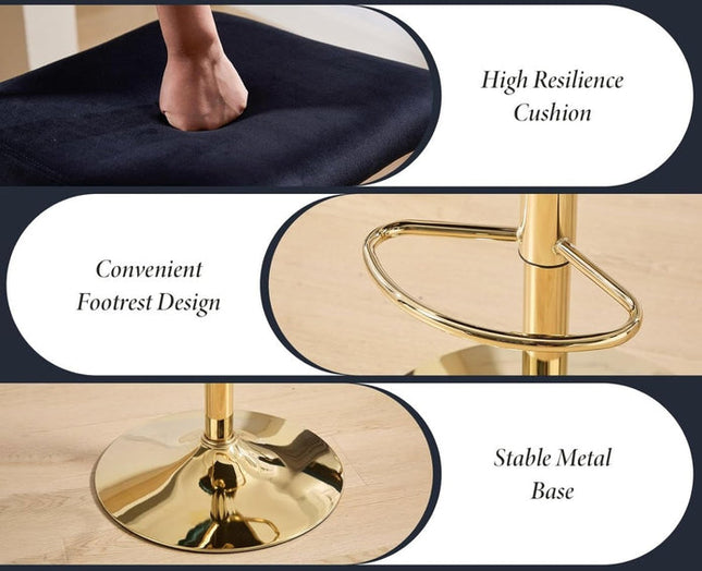 SERENITà  2x Velvet Bar Stools with Braided Back Elegant Kitchen High Chairs, Kitchen Island Stools Adjustable Height Swivel Bar Chairs with Gold Legs for Home-Black 2