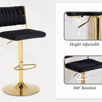 SERENITà  2x Velvet Bar Stools with Braided Back Elegant Kitchen High Chairs, Kitchen Island Stools Adjustable Height Swivel Bar Chairs with Gold Legs for Home-Black 3