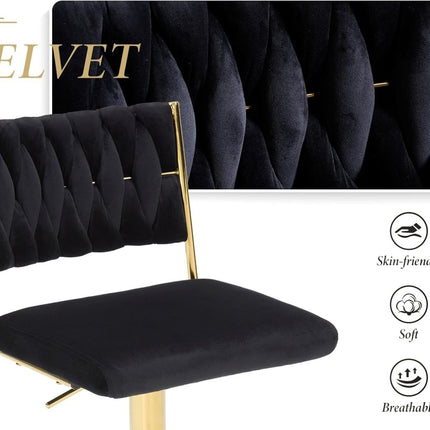 SERENITà  2x Velvet Bar Stools with Braided Back Elegant Kitchen High Chairs, Kitchen Island Stools Adjustable Height Swivel Bar Chairs with Gold Legs for Home-Black 6