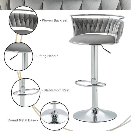 SERENITà Silver Swivel Upholstered Velvet Adjustable Height Counter Stool with Metal Frame Grey (Set of 2) 4
