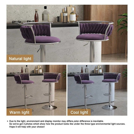 SERENITà Silver Swivel Upholstered Velvet Adjustable Height Counter Stool with Metal Frame Voilet (Set of 2) 4