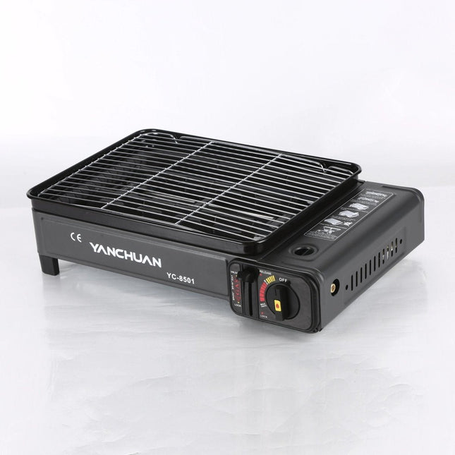 Portable Gas Stove Burner Butane BBQ Camping Gas Cooker With Non Stick Plate Black with Fish Pan and Lid 2