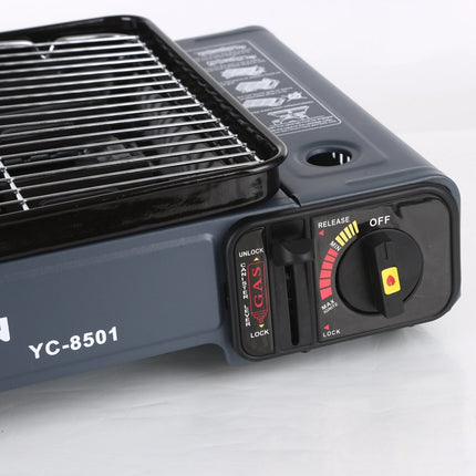 Portable Gas Stove Burner Butane BBQ Camping Gas Cooker With Non Stick Plate Black with Fish Pan and Lid 4
