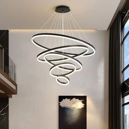 Black 3 Rings Minimalist LED Pendant Light Adjustable Circular Chandelier 7
