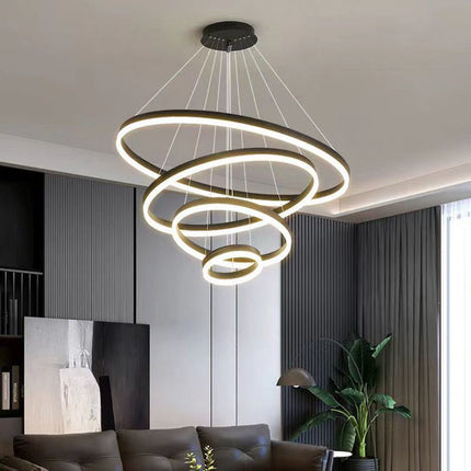 Black 3 Rings Minimalist LED Pendant Light Adjustable Circular Chandelier 8