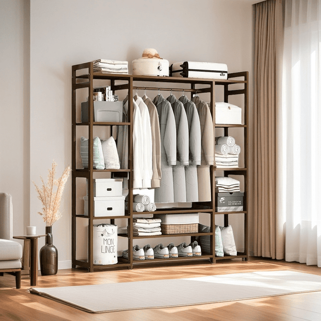 Bamboo Clothes Rack Garment Closet Storage Organizer Hanging Rail Shelf Dress room 130cm