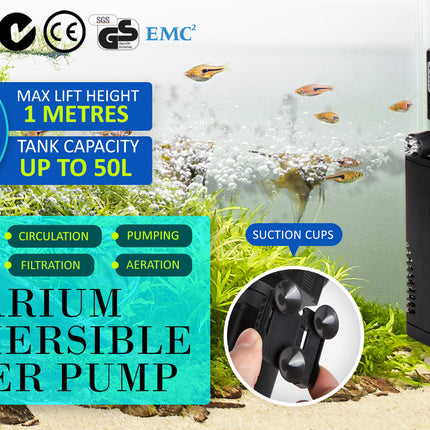 Aquarium Submersible Filter Pond Pump 600L/H 8W 1m 2