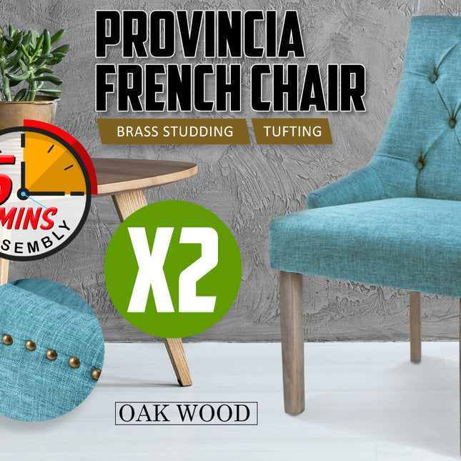 2X French Provincial Dining Chair Oak Leg AMOUR BLUE 2