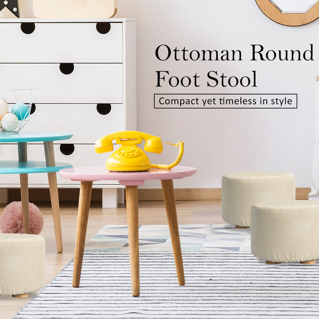 Fabric Ottoman Round Wooden Leg Foot Stool - BEIGE 2
