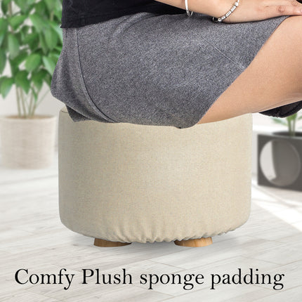 Fabric Ottoman Round Wooden Leg Foot Stool - BEIGE 5