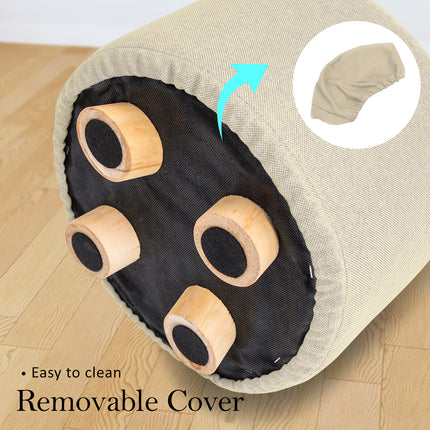 Fabric Ottoman Round Wooden Leg Foot Stool - BEIGE 6