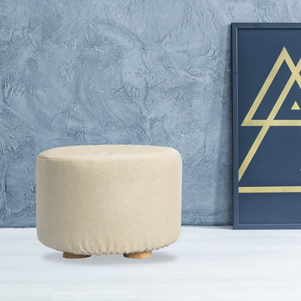 Fabric Ottoman Round Wooden Leg Foot Stool - BEIGE 11