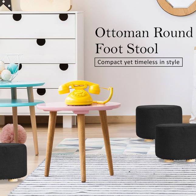 Fabric Ottoman Round Wooden Leg Foot Stool - BLACK 2