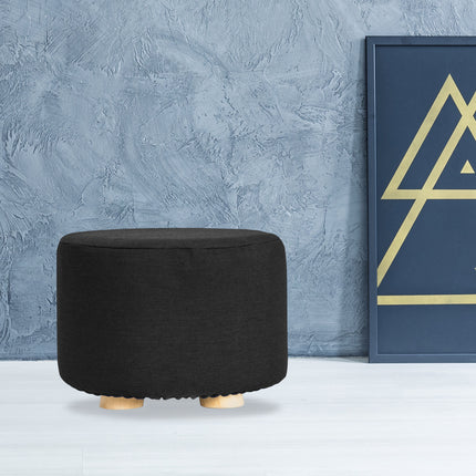 Fabric Ottoman Round Wooden Leg Foot Stool - BLACK 11
