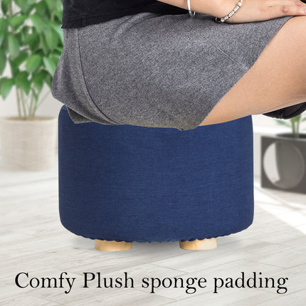 Fabric Ottoman Round Wooden Leg Foot Stool - DARK BLUE 5