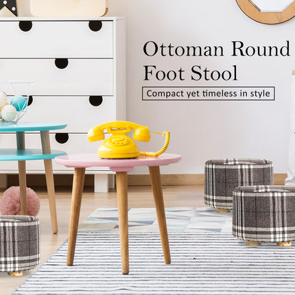 Fabric Ottoman Round Wooden Leg Foot Stool - LATTICE 2