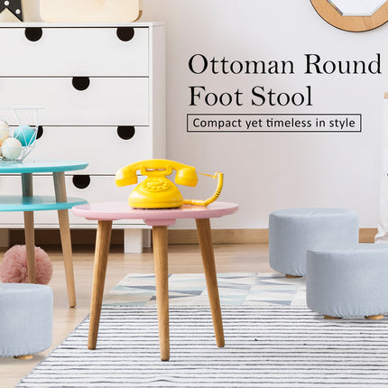 Fabric Ottoman Round Wooden Leg Foot Stool - LIGHT BLUE 2
