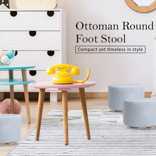 Fabric Ottoman Round Wooden Leg Foot Stool - LIGHT BLUE 2