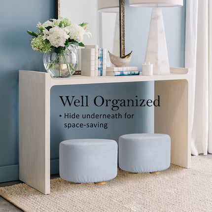 Fabric Ottoman Round Wooden Leg Foot Stool - LIGHT BLUE 7