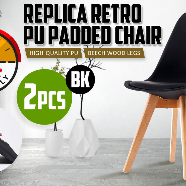 2X Retro Dining Cafe Chair Padded Seat BLACK 2