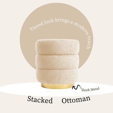 2X Round Stacked Ottoman Stool Teddy Fleece Fabric Foot Rest 38cm BEIGE 4