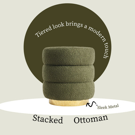 2X Round Stacked Ottoman Stool Teddy Fleece Fabric Foot Rest 38cm GREEN 4