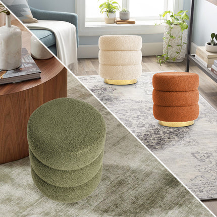 2X Round Stacked Ottoman Stool Teddy Fleece Fabric Foot Rest 38cm GREEN 5