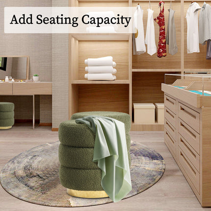 2X Round Stacked Ottoman Stool Teddy Fleece Fabric Foot Rest 38cm GREEN 11