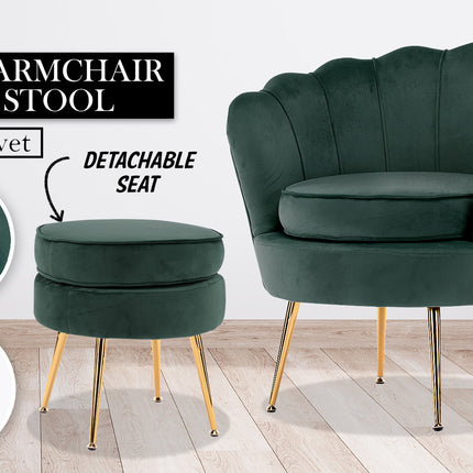 Armchair Lounge Chair Accent Velvet Shell Scallop + Ottoman Footstool Round GREEN 2
