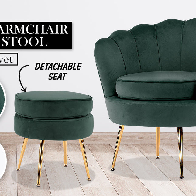 Armchair Lounge Chair Accent Velvet Shell Scallop + Ottoman Footstool Round GREEN 2