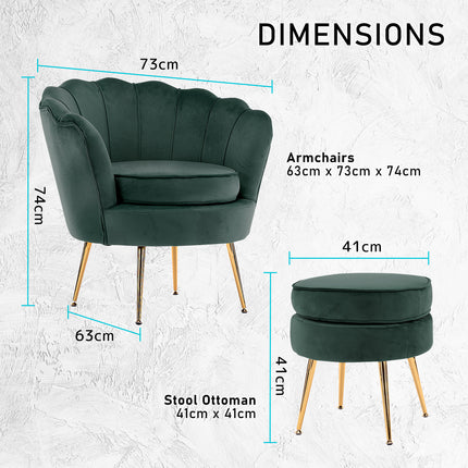 Armchair Lounge Chair Accent Velvet Shell Scallop + Ottoman Footstool Round GREEN 12